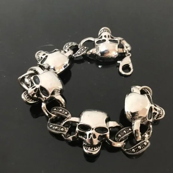 Skull Bracelet Chain Biker Silver Rock Mans Moto Gothic Motorcycle Skulls Unisex - Picture 4 of 10